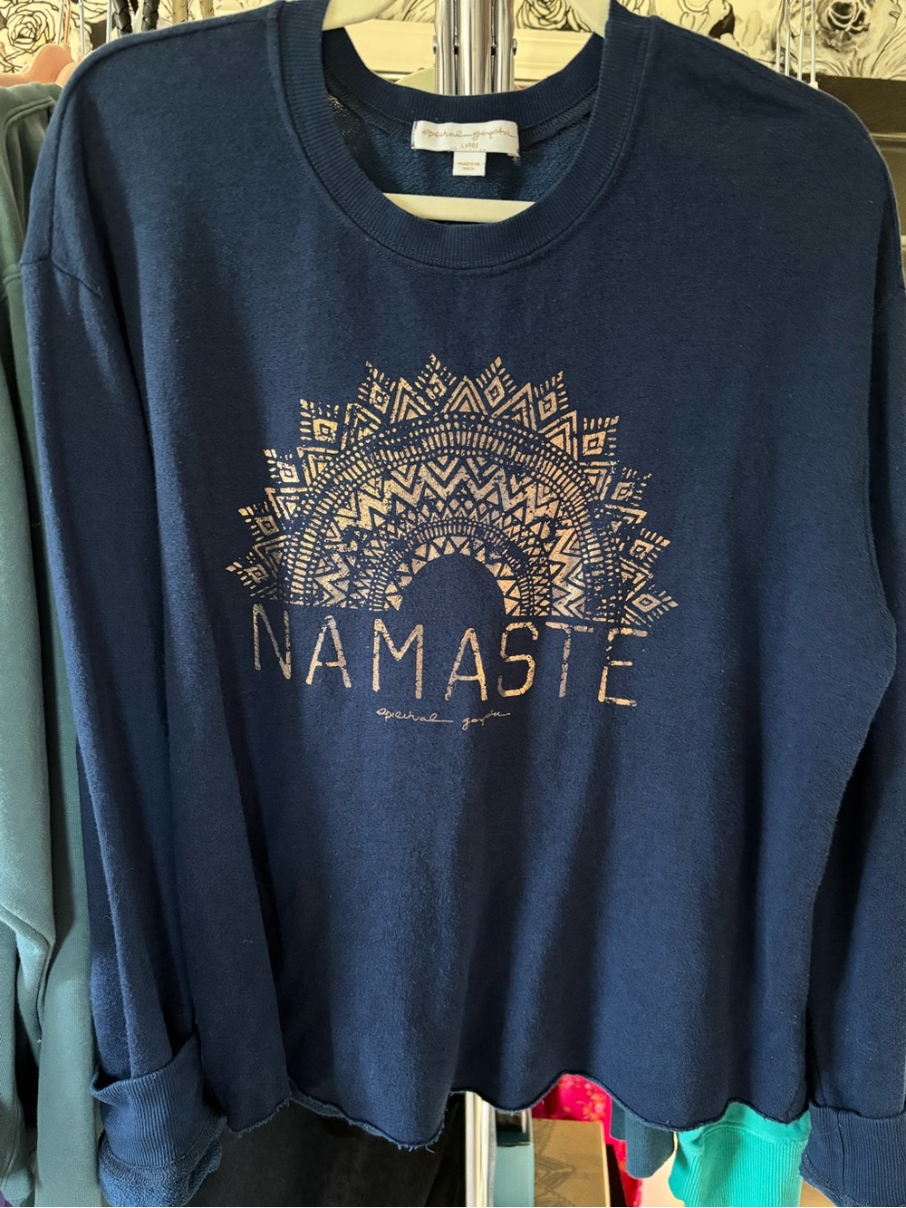 Spiritual Gangster Navy Blue "Namaste" Metallic Graphic Sweatshirt